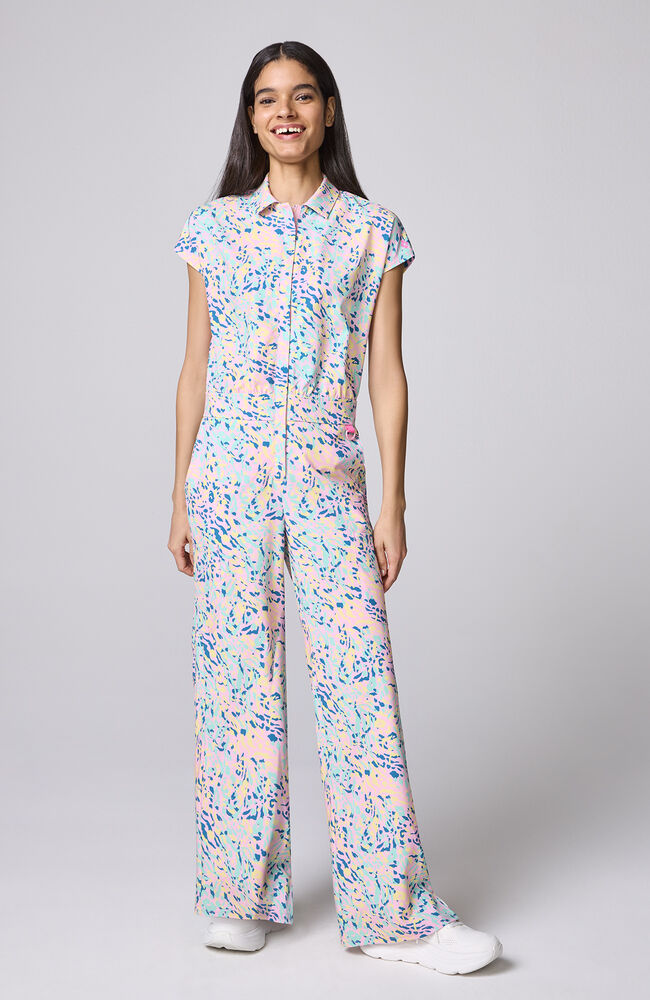 Women's Zip-Front Tutti Frutti Tiger Print Scrub Jumpsuit