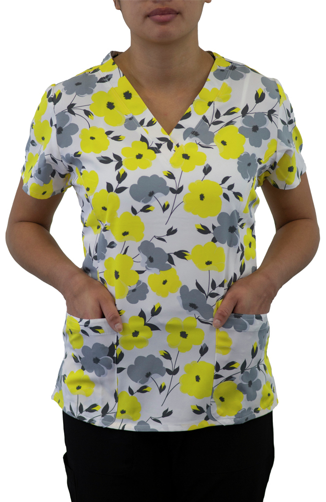 Maevn Uniforms Women's Curved V-Neck Sunshine Blossoms Print Top |  AllHeart.com